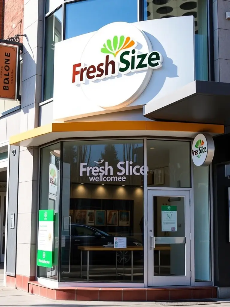 A modern, clean photograph of the exterior of a Fresh Slice restaurant located in downtown Vancouver, showcasing its storefront and signage.