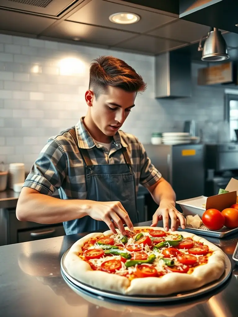 A close-up shot of a Fresh Slice employee preparing a pizza in a Toronto location, highlighting the fresh ingredients and preparation process.
