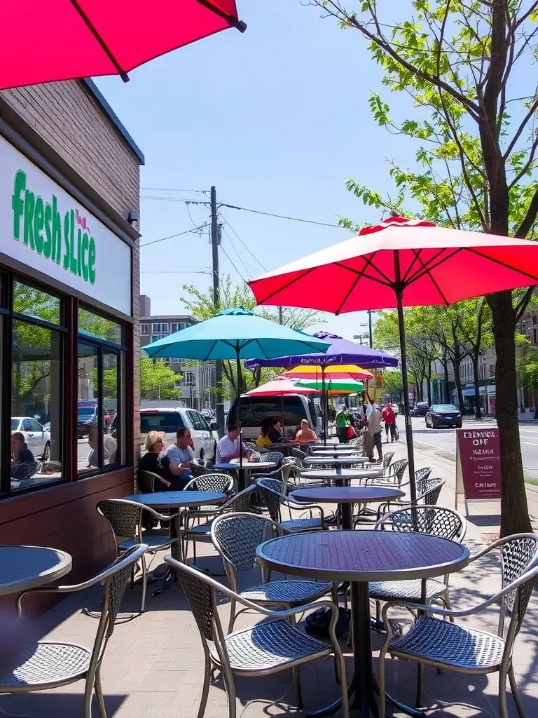 A photograph of a Fresh Slice restaurant in Montreal, featuring outdoor seating and a view of the surrounding neighborhood.