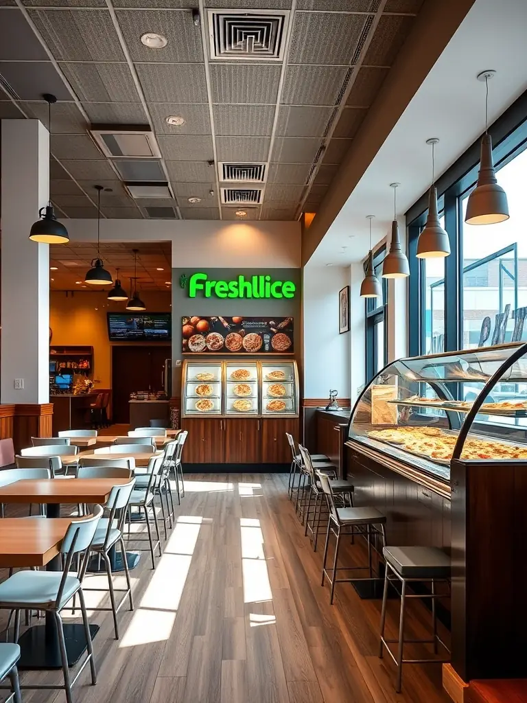A bright and inviting photograph of the interior of a Fresh Slice restaurant in Calgary, showing the seating area and pizza display counter.