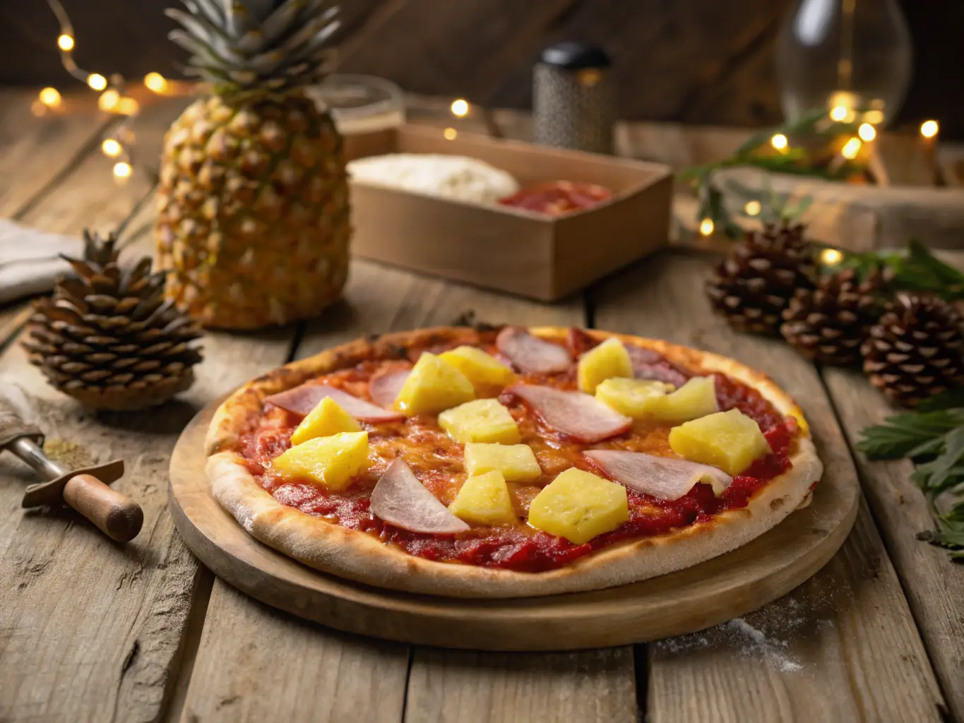 An enticing image of a 'Hawaiian' pizza, showcasing the combination of ham and pineapple on a tomato sauce base, covered with melted cheese. The pizza is presented on a wooden board, with a slice being lifted to reveal the toppings.