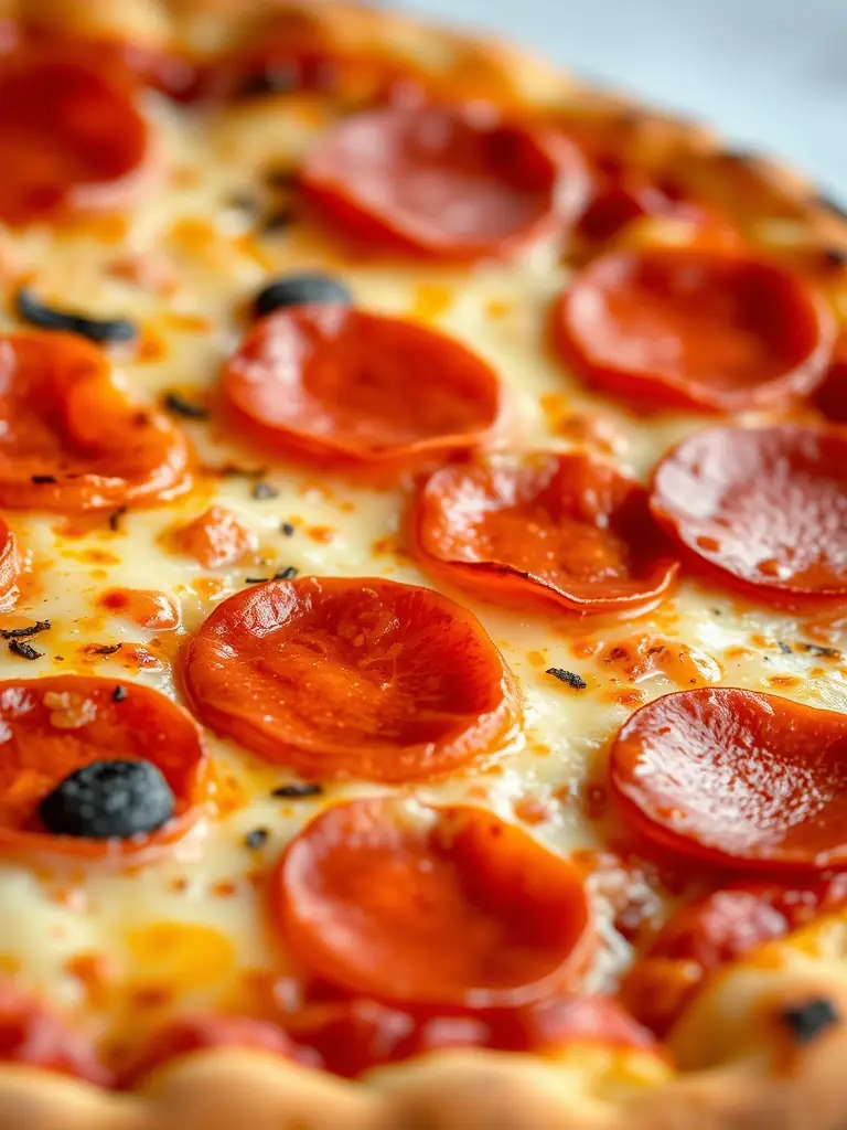 A vibrant, overhead shot of a classic pepperoni pizza from Fresh Slice, showcasing the melted cheese, perfectly spaced pepperoni slices, and a golden-brown crust, set against a dark wooden table.
