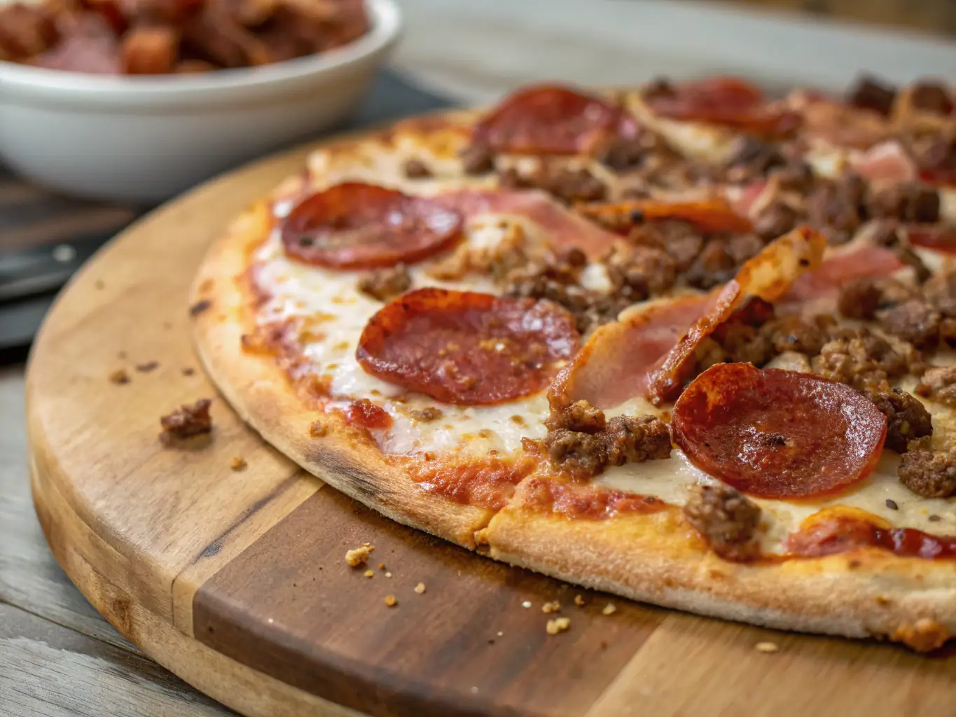 A vibrant, overhead shot of a 'Meat Lovers' pizza, showcasing a variety of meats such as pepperoni, sausage, and bacon, with melted cheese and a crispy crust. The pizza is cut into slices, ready to be served.