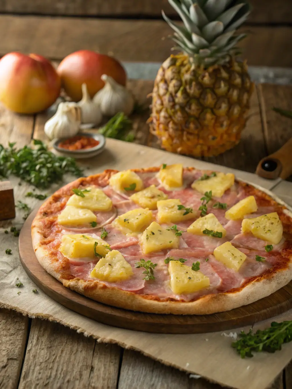 An appetizing image of a Fresh Slice Hawaiian pizza, showcasing the combination of sweet pineapple chunks, savory ham, and melted cheese on a perfectly baked crust.