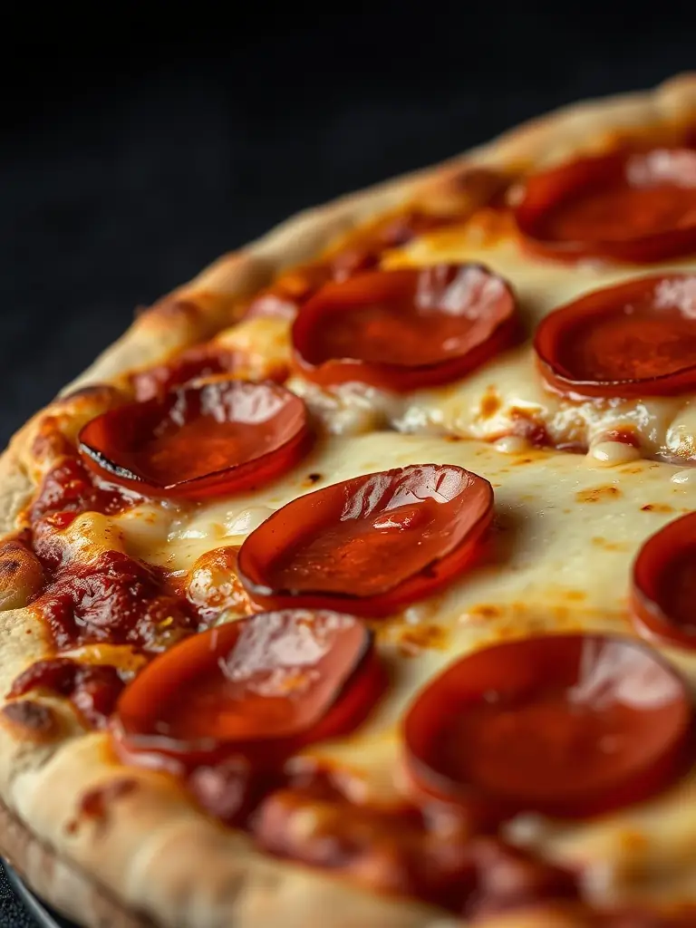 A mouthwatering image of a Fresh Slice meat lovers pizza, featuring a variety of meats such as pepperoni, sausage, bacon, and ground beef, all generously layered on a cheesy crust.