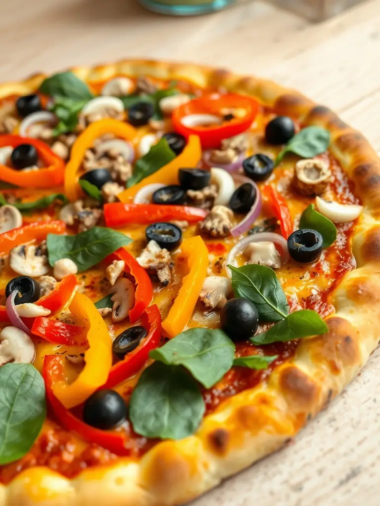 A close-up image of a Fresh Slice vegetarian pizza, highlighting the colorful array of fresh vegetables such as bell peppers, mushrooms, onions, and olives on a crispy crust.